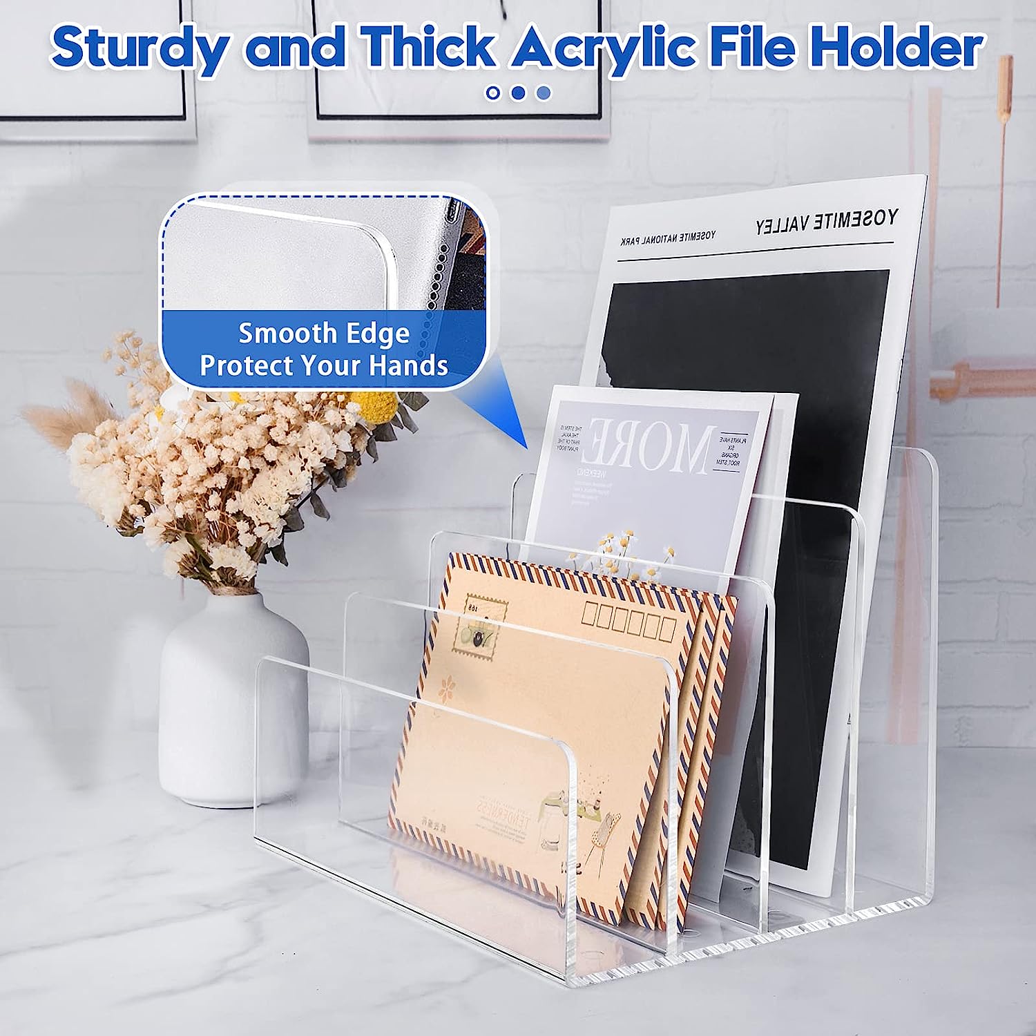 4 Section Acrylic File Organizer, Clear Acrylic Desk Organizer and Accessories, Sturdy Acrylic File Folder Holder Sorter, Office Supplies for Mail Letter Paper Electronic Notebook - Image 4